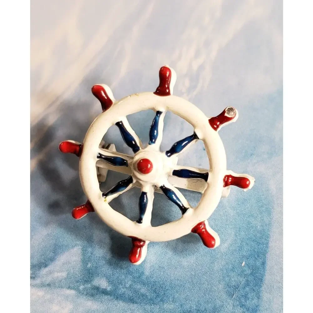 Small Vintage Nautical Pin Red‎ White Blue Enamel Ships Wheel Brooch sob-